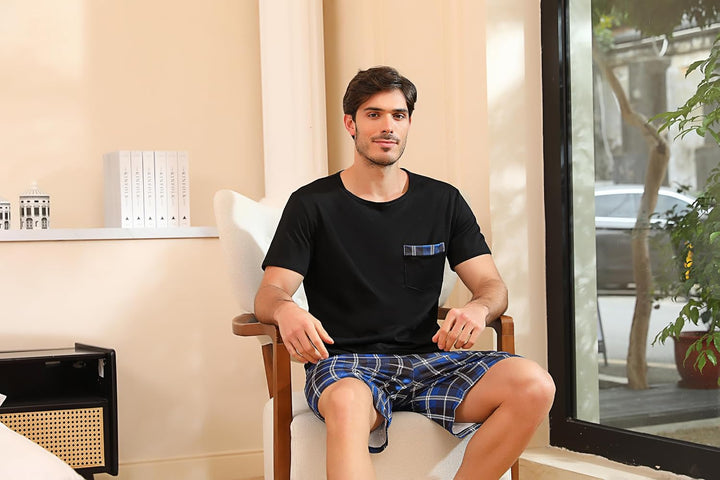 Schlafanzug Herren Kurz aus Baumwolle mit Kontraststreifen Design, Sommer Pyjama Set Oberteile und K