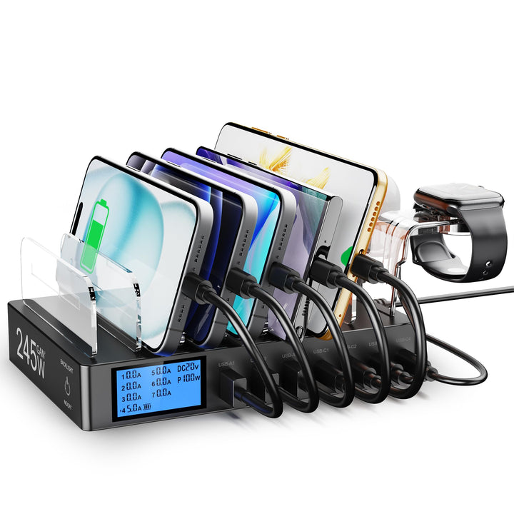 Ladestation für mehrere Geräte, 245W 7 Port Ladegerät mit LCD Bildschirm und 2-in-1 i-Watch-Ladehalt
