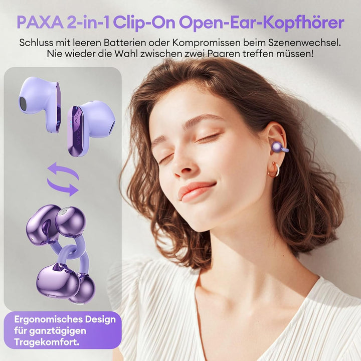 PAXA 2-in-1 Doppel-Set Clip On Kopfhörer Open Ear Kopfhörer Bluetooth 6.0 0ms Verzögerung, 140H Spie