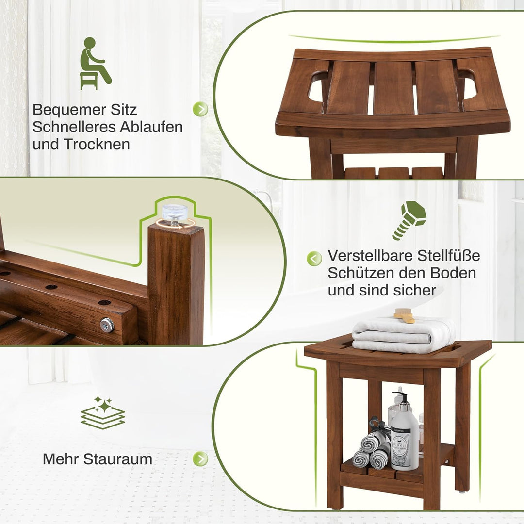 LUE BONA Duschhocker aus Massivem Teakholz, Quadratische Badebank aus Holz, Wasserdichter Badhocker