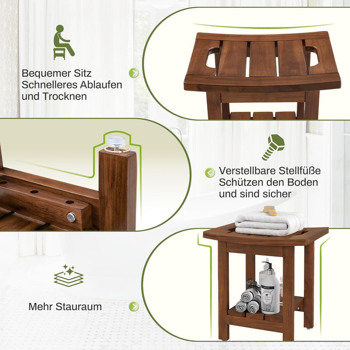 LUE BONA Duschhocker aus Massivem Teakholz, Quadratische Badebank aus Holz, Wasserdichter Badhocker