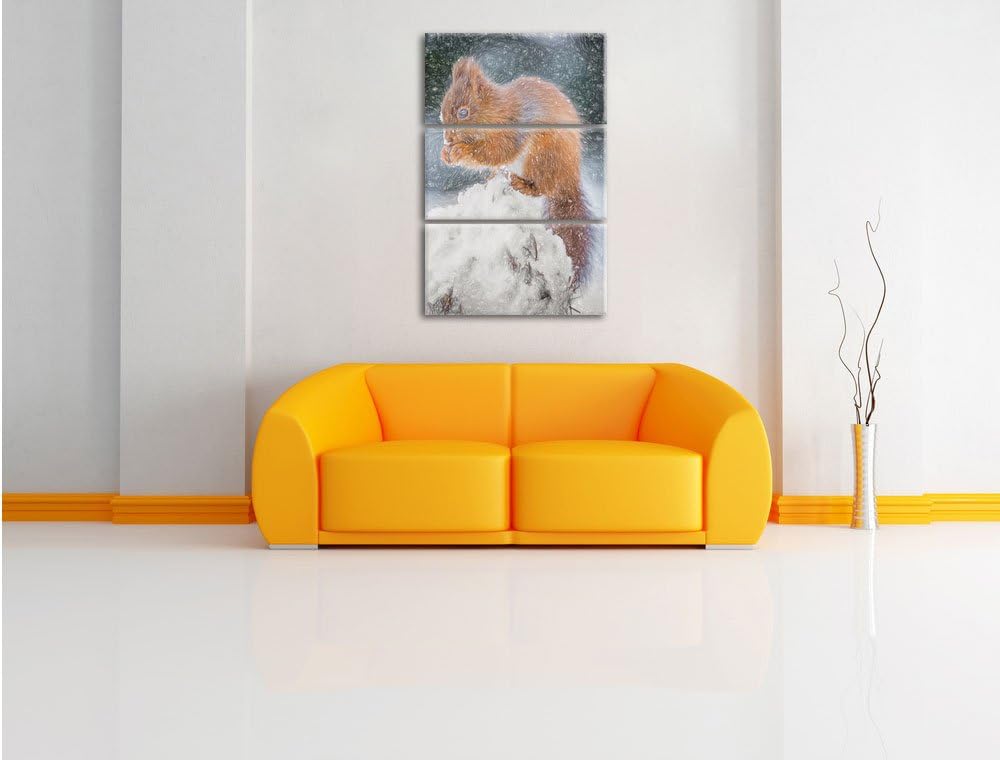 Pixxprint Kleines Eichhörnchen im Winter Bunstift Effekt 3-Teiler Leinwandbild 120x80 Bild auf Leinw