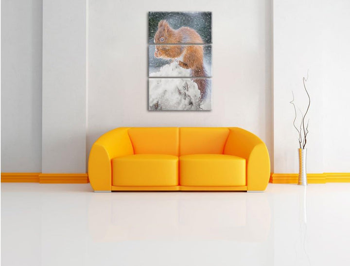 Pixxprint Kleines Eichhörnchen im Winter Bunstift Effekt 3-Teiler Leinwandbild 120x80 Bild auf Leinw