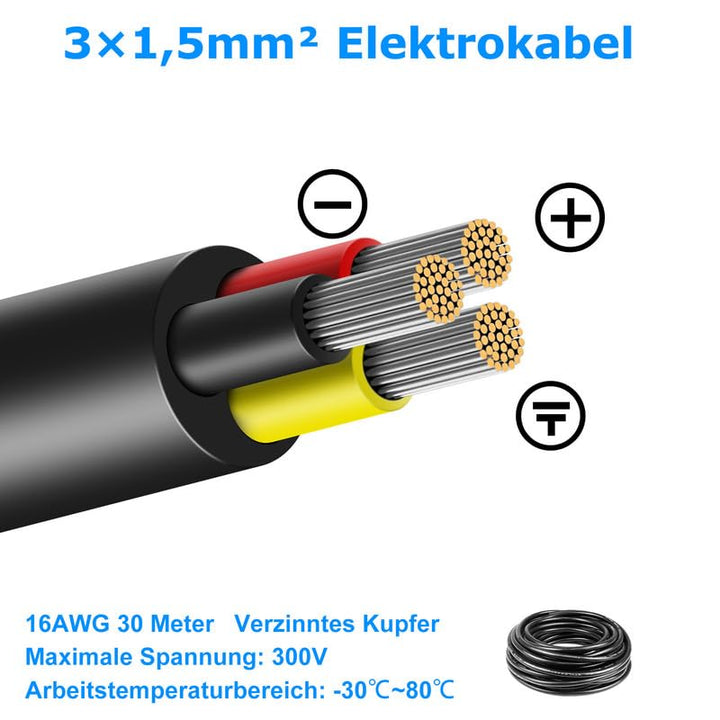 30 Meter 16AWG 3x1,5mm² Elektrischer Draht, 3 Adrig Kabel Erdkabel 5V/12V/24V Stromkabel Verzinntes