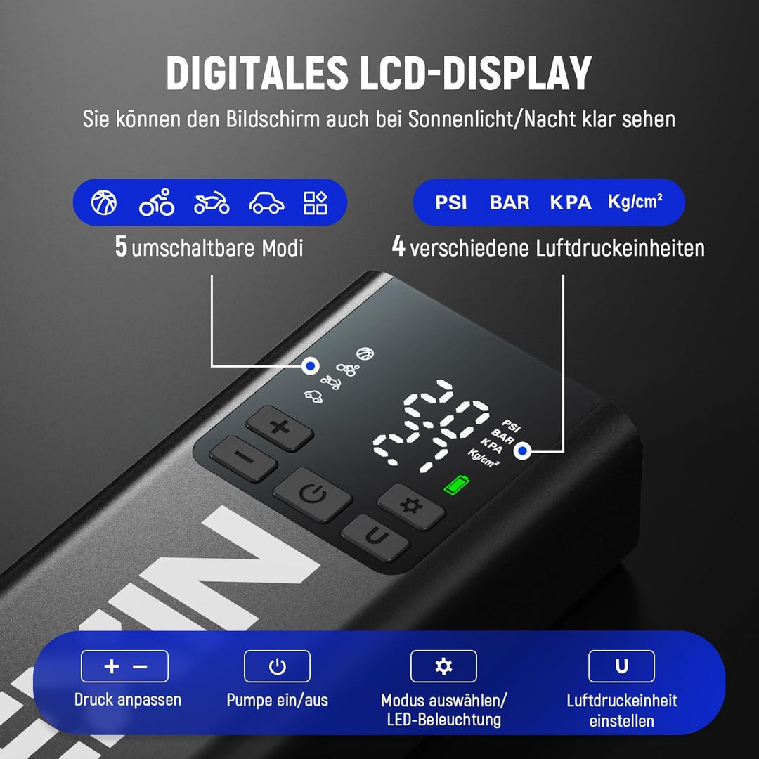 LEXIN P5 Elektrische Luftpumpe, Akku Kompressor 5000 mAh, 10,3 Bar Tragbare Reifenpumpe für Fahrrad,