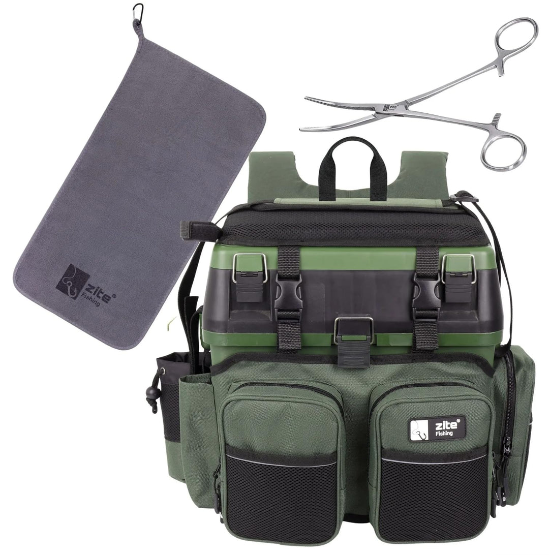 Zite Fishing [Multi Angelkoffer-Rucksack & Sitz-Kiepe in 1] Angeltasche inklusive 4X Tackle-Angelbox
