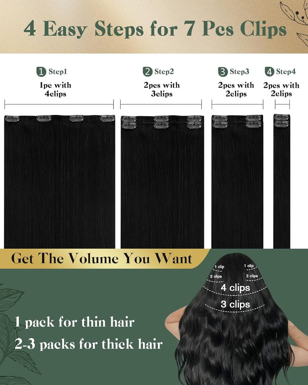 Ugeat Echthaar Extensions Clip Schwarz 7 Stück Clip Echte Haare Tressen Extensions 50cm 120G Clips E
