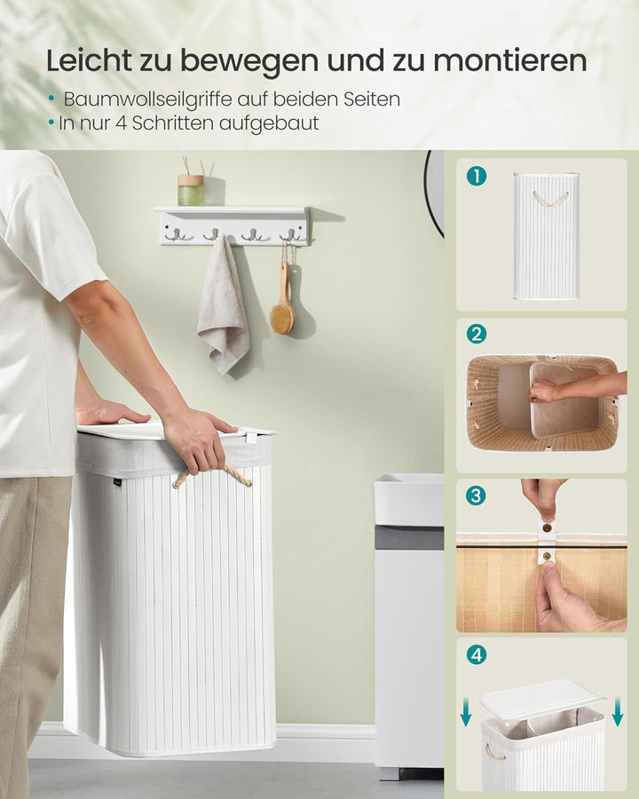 SONGMICS Wäschekorb mit Deckel, Wäschekorb aus Bambus, 2 Sortierfächer, abnehmbarer Beutel, Griffe a