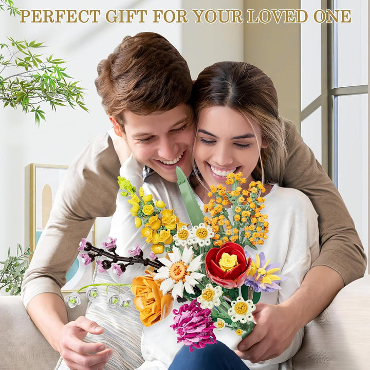 Blumen Bausteine Set für Erwachsene, 1070 Stück Blumenstrauss, künstliche Blume Bauklötze Bausatz Sp