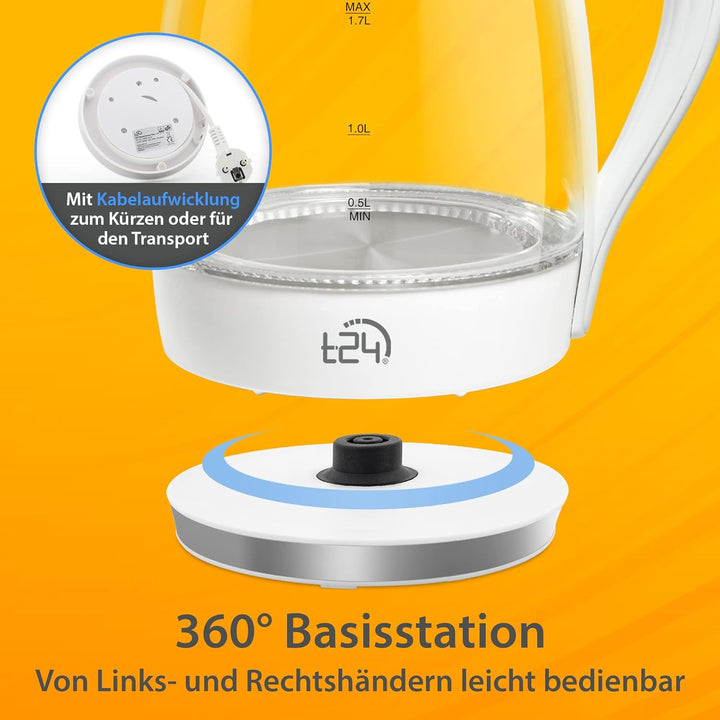 T24 LED Glas Wasserkocher 1,7 Liter mit LED-Beleuchtung, Wasserkocher Glas, Wasserkocher weiss, 2200