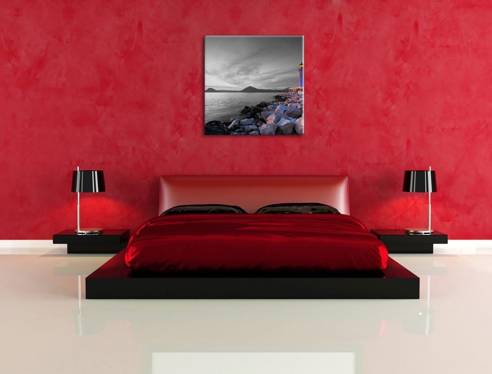 Pixxprint Romantischer Leuchtturm bei Ebbe schwarz/weiss, Format: 70x70 auf Leinwand, 70x70