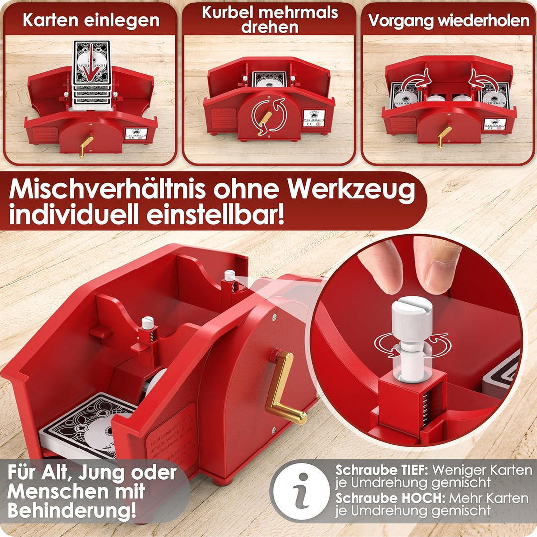 rot Kartenmischmaschine mit Goldener Kurbel für alle Standard Kartenspiele, Kartenmischer mit 2X Kar