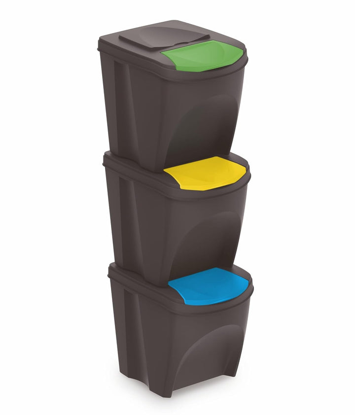 Spetebo Sortibox Mülleimer mit Deckel 25 L - 3er Set/anthrazit - Stapelbares Müll Trennsystem - Abfa