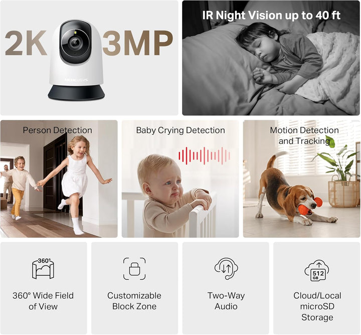 TP-Link Mercusys MC210 2K 3MP Überwachungskamera Innen 360°, WLAN 2,4GHz, Nachtsicht, Zwei-Wege-Audi