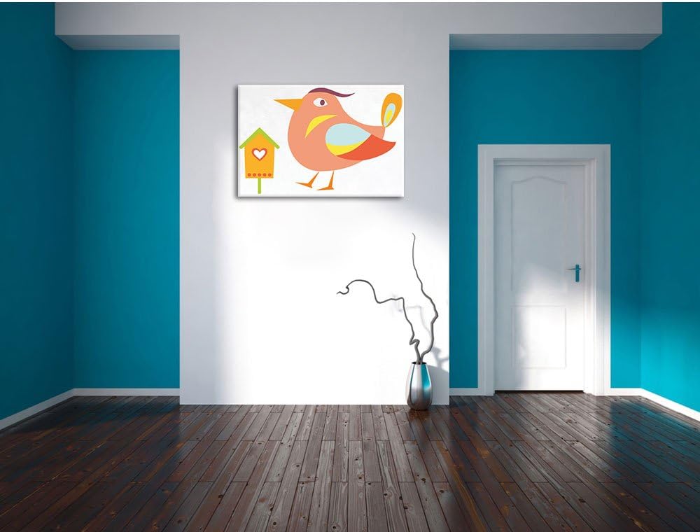 Pixxprint Niedlicher Vogel mit Vogelhäuschen weiss, Format: 100x70 auf Leinwand, riesige Bilder fert