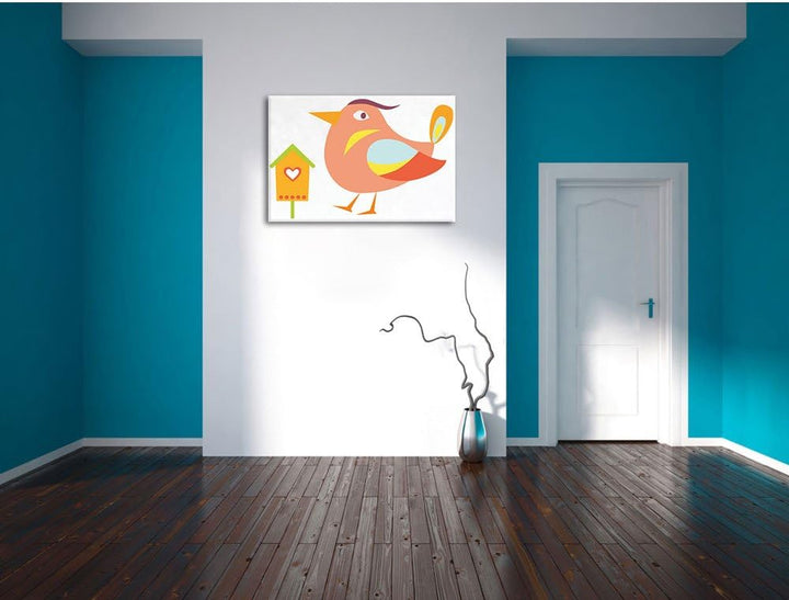 Pixxprint Niedlicher Vogel mit Vogelhäuschen weiss, Format: 100x70 auf Leinwand, riesige Bilder fert