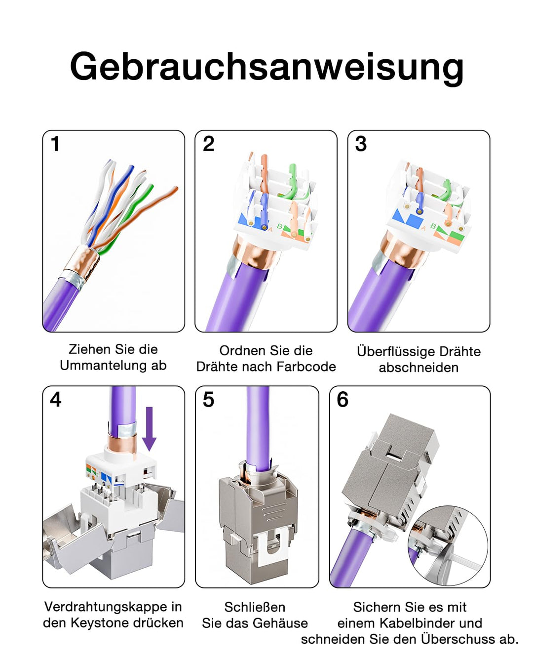 VCELINK 8 x CAT 6A Keystone RJ45 Modul für LAN Kabel 10 Gbit/s bis 500 MHz AWG 22-26 Werkzeuglos LSA
