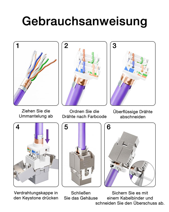 VCELINK 8 x CAT 6A Keystone RJ45 Modul für LAN Kabel 10 Gbit/s bis 500 MHz AWG 22-26 Werkzeuglos LSA
