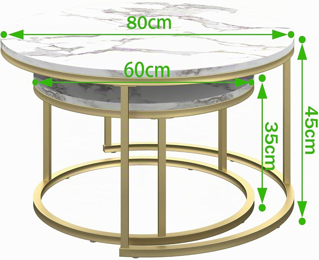 Marmor Couchtisch Gold, Couchtisch 2er Set mit 1 Grosser Couchtisch Rund und 1 Kleiner Tisch, Beiste