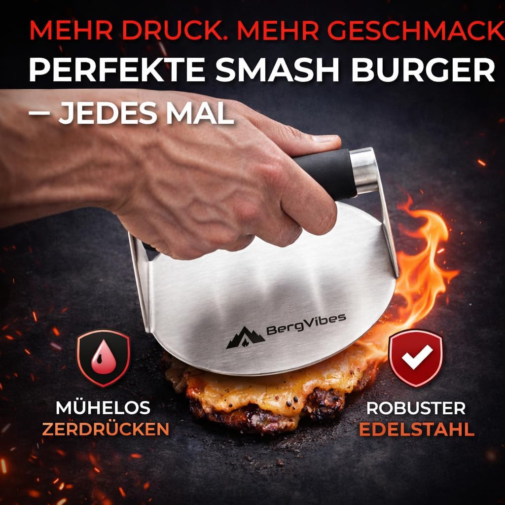 Smash Burger Set 6 TLG. aus Edelstahl für Plancha, 2 Burgerglocken, Burgerpresse, Smasher, Pattywend