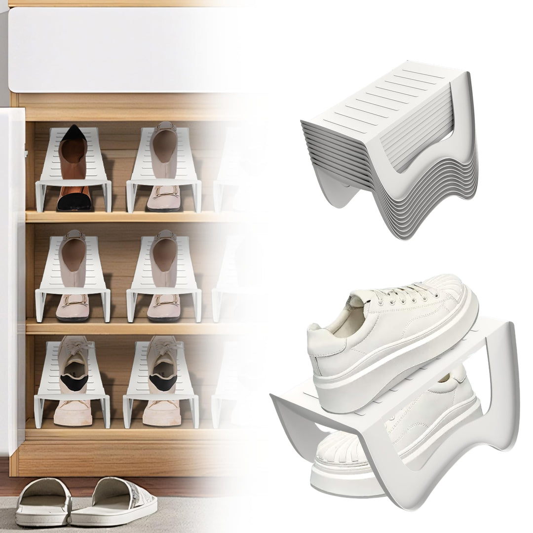 Platzsparender Schuhorganizer 20er Set Weiss, 2-stöckiger Schuhstapler aus robustem PP Kunststoff, r