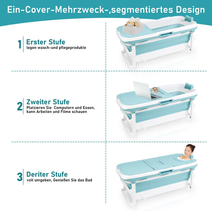Faltbare Badewanne Erwachsene, 118x60x50 cm, mit Abdeckung, Seifenkorb, Mobile Badewanne für Garten,
