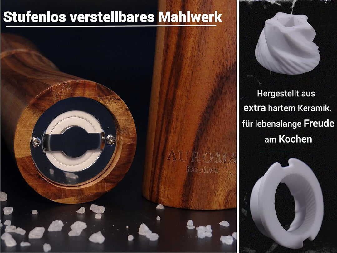 AUROMA Salz & Pfeffermühlen Set aus hochwertigem Akazienholz gefertigt | Modernes Design | Geschenki