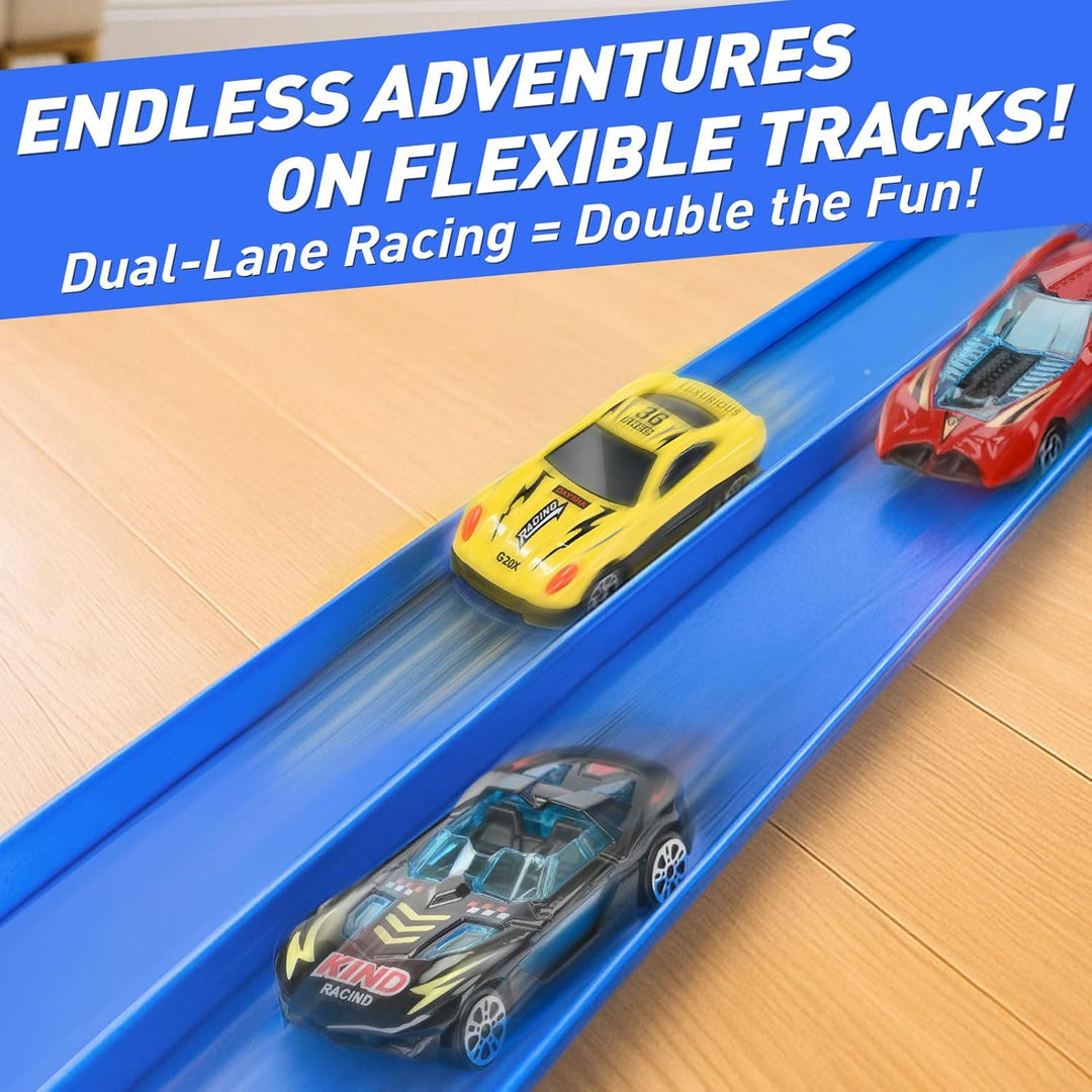 Dreamon Flexible Autorennbahn Kinder 5 Meter Rennbahn Rennstrecke Auto Spielzeug mit 4 Spielzeugauto