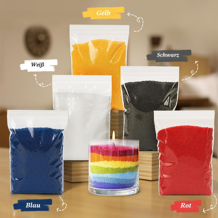 Kerzensand mit Docht Set 500g. 5 colors-Kerzen sand perlenkerzen mit Dochten, Mischbecher, Löffel, h