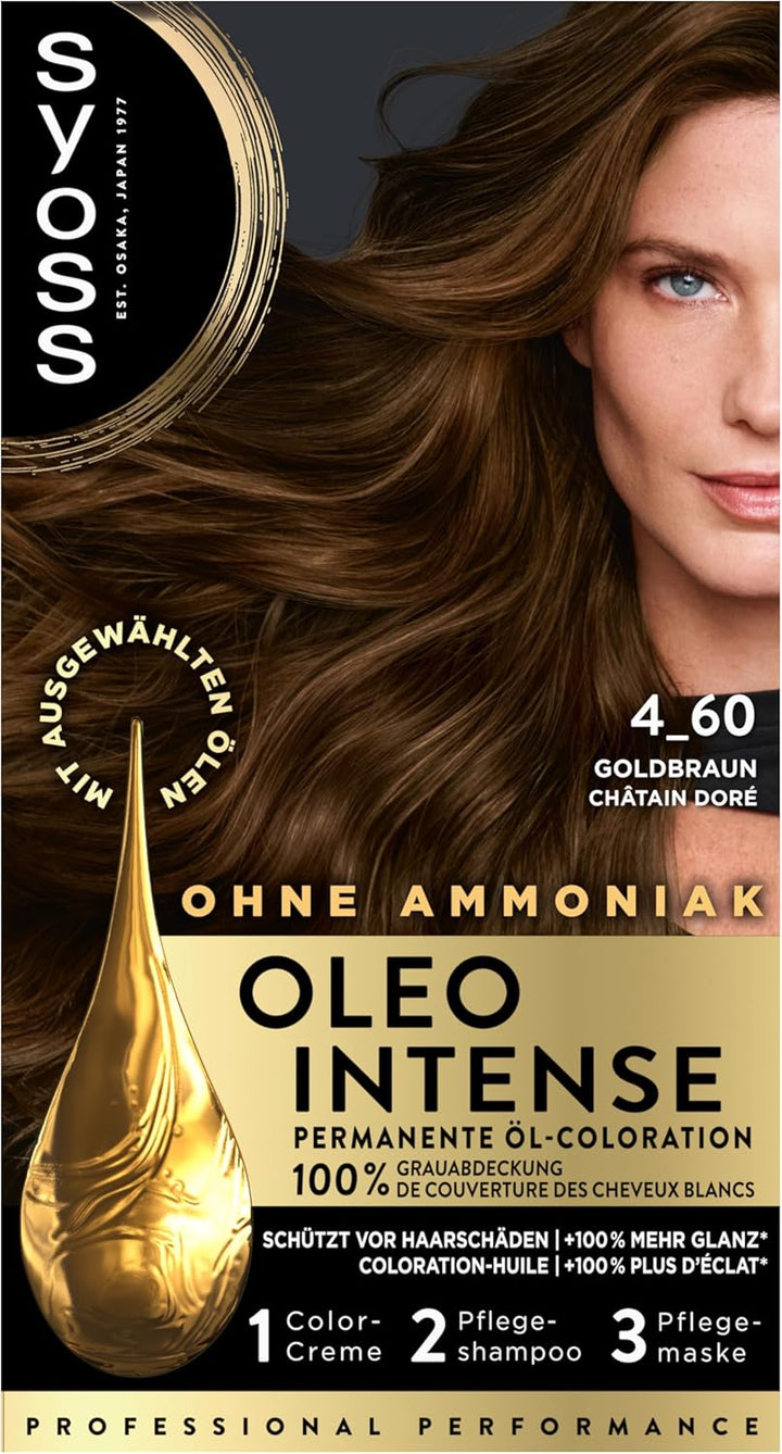 Syoss Oleo Intense Öl-Coloration 4-60 Goldbraun Stufe 3 (115 ml), dauerhafte Haarfarbe mit pflegende