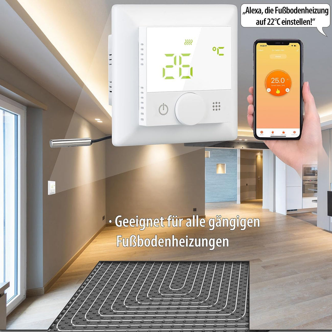 revolt Raumthermostat: WLAN-Fussbodenheizungs-Thermostat mit Sprachsteuerung und App, weiss (WiFi Th