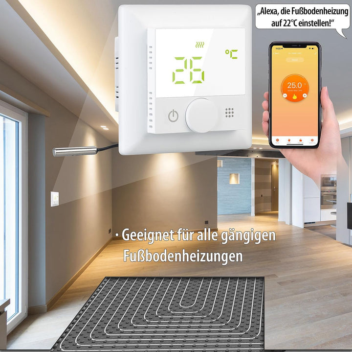 revolt Raumthermostat: WLAN-Fussbodenheizungs-Thermostat mit Sprachsteuerung und App, weiss (WiFi Th