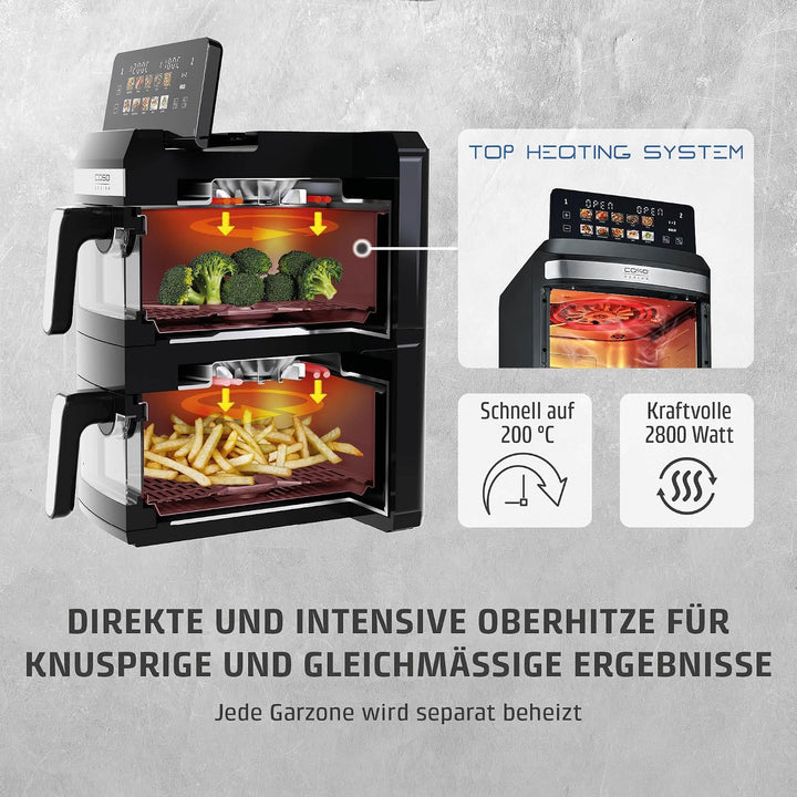 CASO AirFry Duo Tower, Doppel-Heissluftfritteuse, AirFryer, 12,4L (2x 6,2 L) vertikal, individuell e