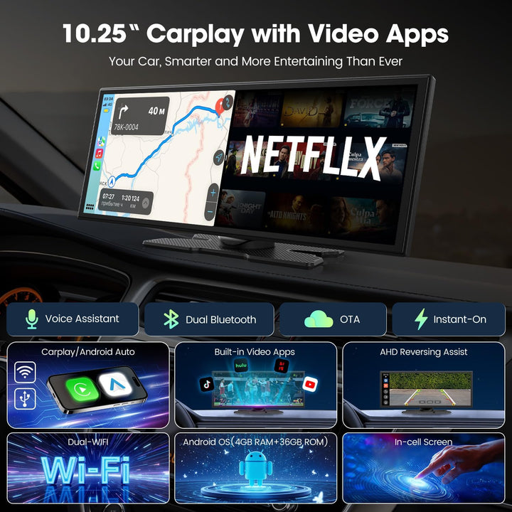 LAMTTO Carplay Netflix YouTube TikTok, 10,25'' Wireless A-pple CarPlay Bildschirm Android Auto Displ