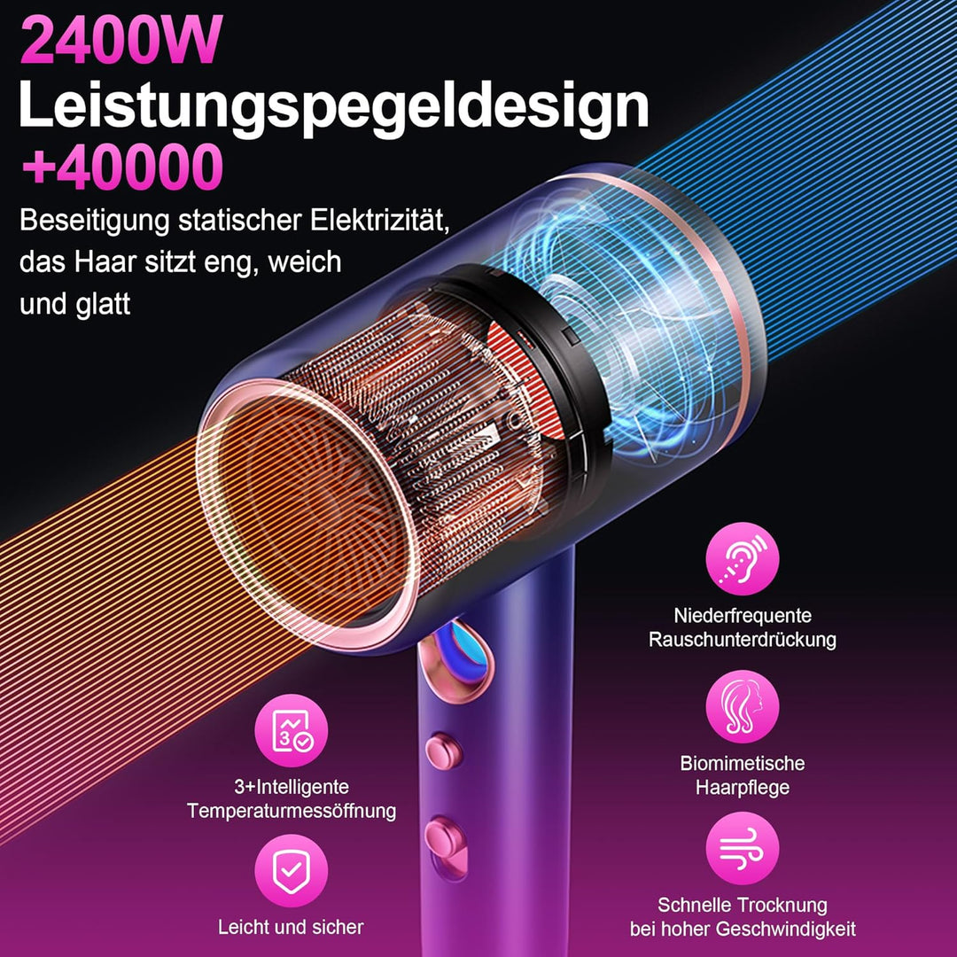 Föhn,Fön,Haartrockner Profi Ionen mit AC Motor 2400W Reisefön Diffusor|Haarfön 4-in-1|Heiss-/Kalttas