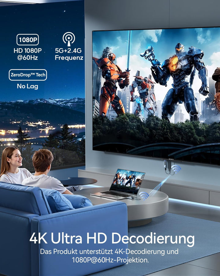 HDMI Wireless Transmitter and Receiver,100M/328FT Stabile Verbindung,2,4G/5G Tragbarer Wireless HDMI