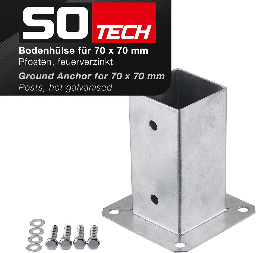 SOTECH 2er SET Aufschraubanker vierkant 70 x 70 mm, 152 mm Höhe, Stahl feuerverzinkt, Holzpfosten-Tr