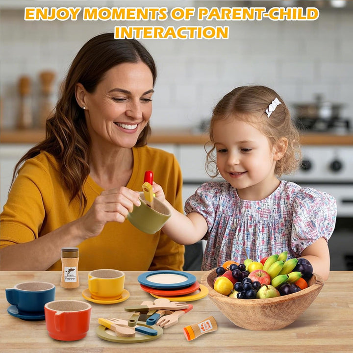 26PCS Holzgeschirr Sett, Kinderküche Zubehör, Spielküche Geschirr für Kinder, Küche Zubehör Kinder,