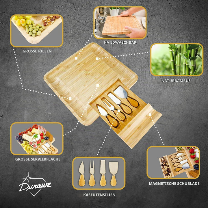 Bambus Käsebrett mit 4 Messern – Servierplatte aus Holz, Charcuterie Board für Aperitif, Geburtstag,