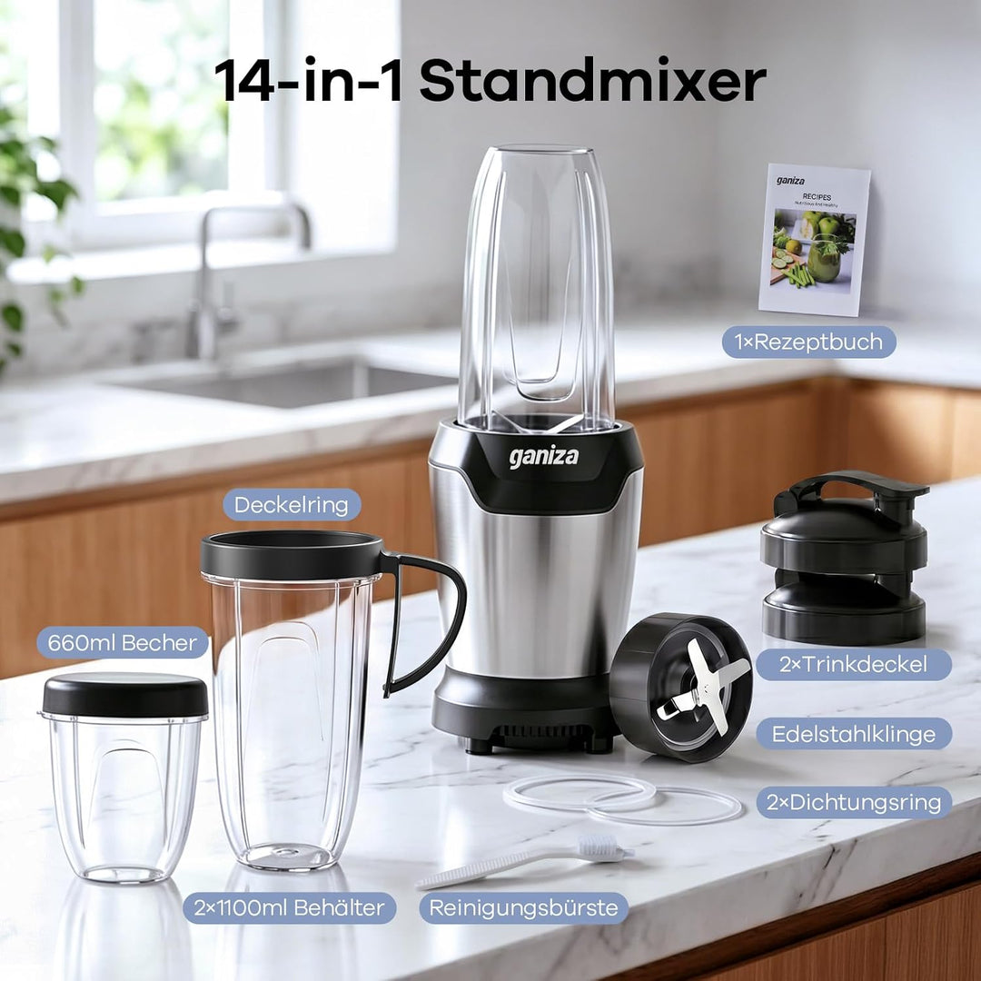 Ganiza Mixer, 1300W Smoothie Maker, Standmixer mit 3 Tragbare Mixbechern(2×1100ml & 1×660ml), Sechsk