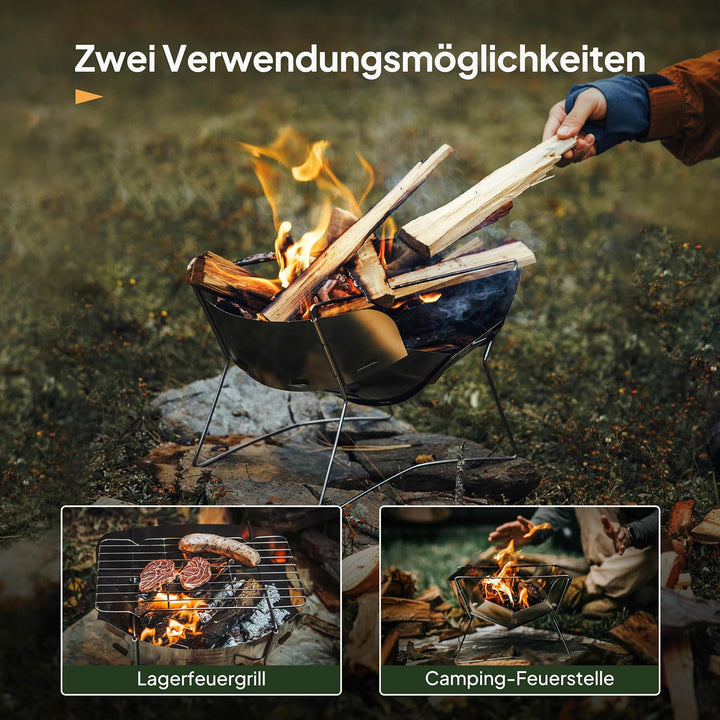 Thous Winds Faltbare Feuerschale Outdoor, mit Grillrost und Aufbewahrungstasche, Ultraleicht, Tragba