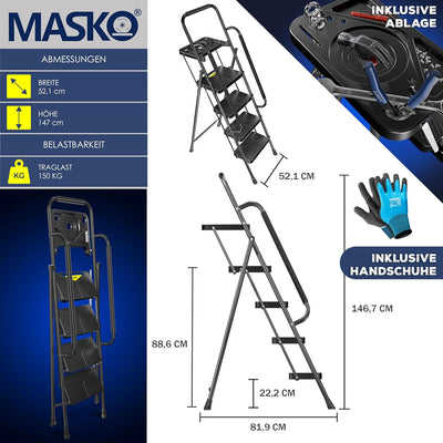 MASKO® Trittleiter Klappleiter 4 Stufen-Leiter mit Handläufen Stufenleiter belastbar bis 150 kg Trit