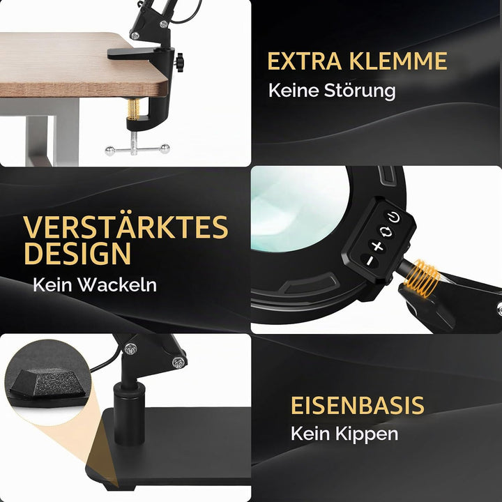 SAVSOO Lupe mit Touch Control Licht und Ständer - LED Lupenleuchte in Schwarz, Klemme, 5 Farbmodi, s
