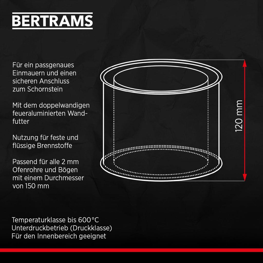 BERTRAMS Wandfutter doppelt Ø 150 mm Blank | 12cm langes Doppelwandfutter für 2mm Ofenrohre | Wanddu