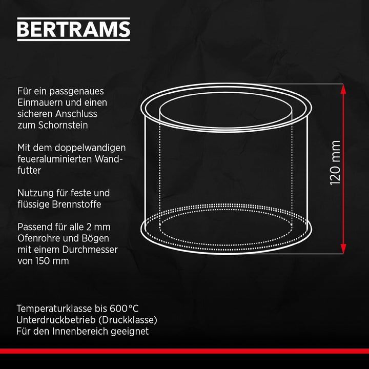 BERTRAMS Wandfutter doppelt Ø 150 mm Blank | 12cm langes Doppelwandfutter für 2mm Ofenrohre | Wanddu