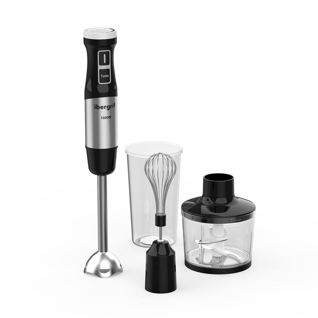 Ibergrif Stabmixer 1000W 4-in-1 Edelstahl Handmixer mit stufenloser Geschwindigkeitsregelung und Tur