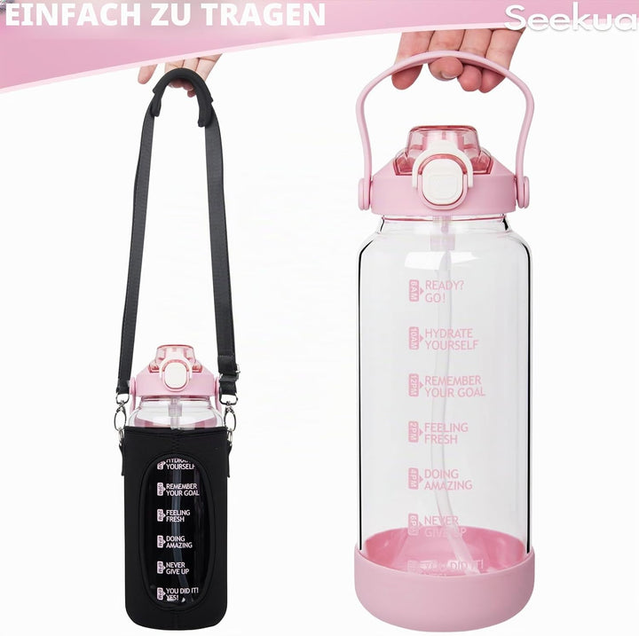 2l Trinkflasche Glas Flasche mit Strohhalm &amp; Zeitmarkierung, 2 liter Wasserflasche mit Früchteinsatz