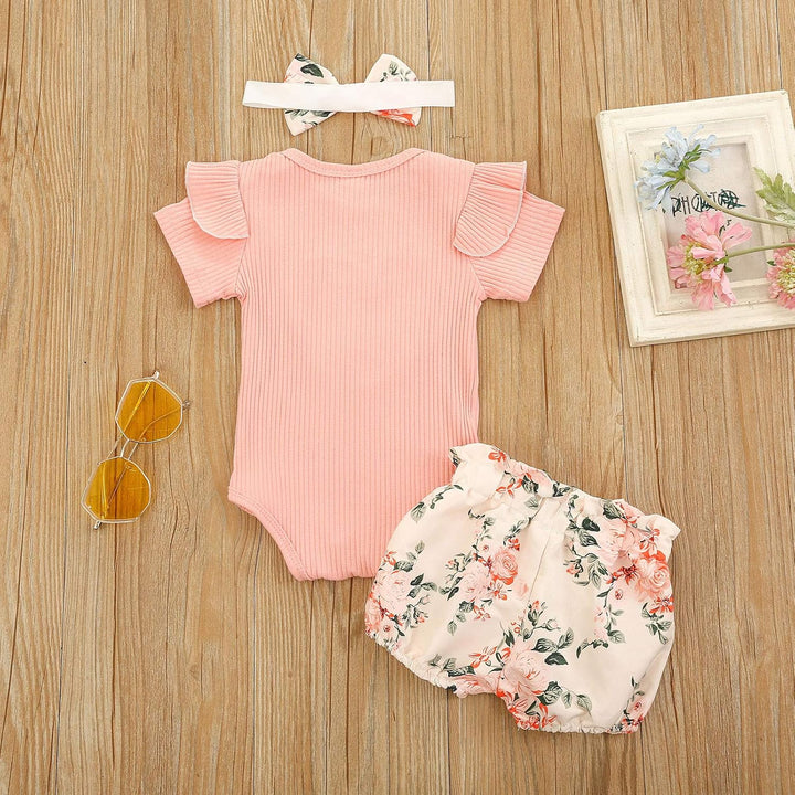 Geagodelia 3tlg Baby Kleidung Outfit Mädchen Babykleidung Set Kurzarm Body Strampler + Blumen Shorts