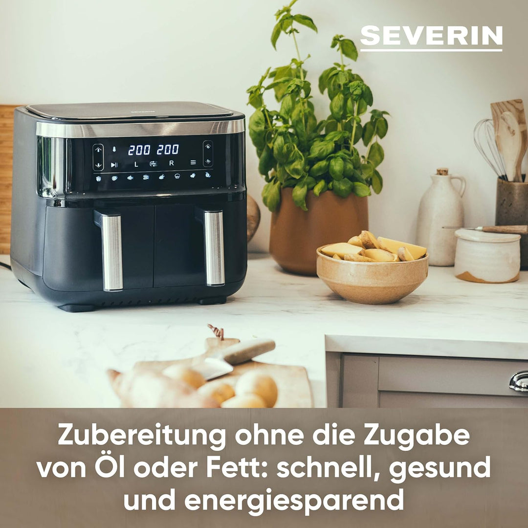 SEVERIN Doppel Heissluftfritteuse mit 2 x 3,8 L Garraum, XXL Heissluftfritteuse für gesundes Kochen,