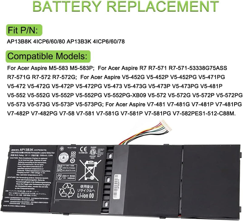 XITAIAN 15V 53Wh AP13B3K AP13B8K Ersatz Laptop Akku für Acer Aspire V5 R7 V5-572G V5-472G V5-473G V5